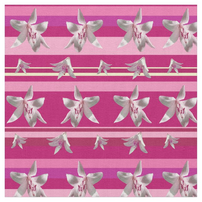 White Lilium Flowers & Stripes  Fabric (Close Up)