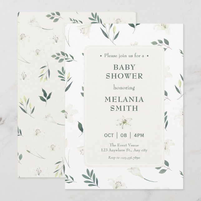 White liliy floral baby shower invitation (Front/Back)