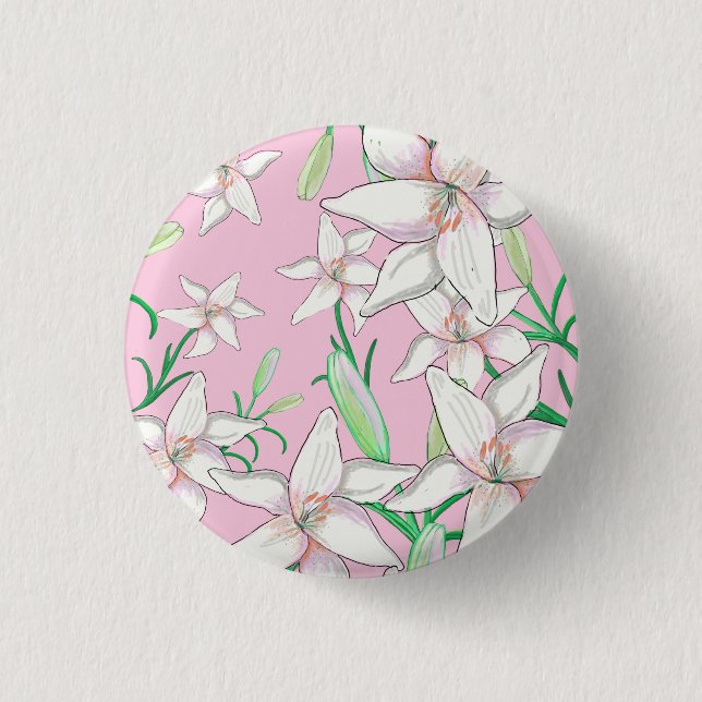 White Lillies on Pink Background Illustration  Button (Front)