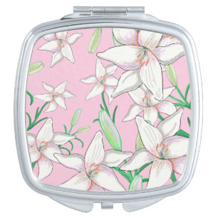 White Lillies on Pink Background Illustration Compact Mirror