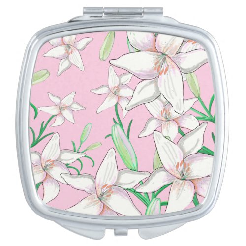 White Lillies on Pink Background Illustration  Compact Mirror