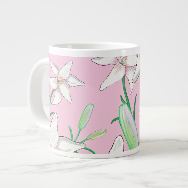 White Lillies on Pink Background Illustration  Giant Coffee Mug (Front Left)