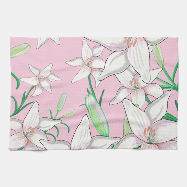 White Lillies on Pink Background Illustration   Kitchen Towel (Horizontal)