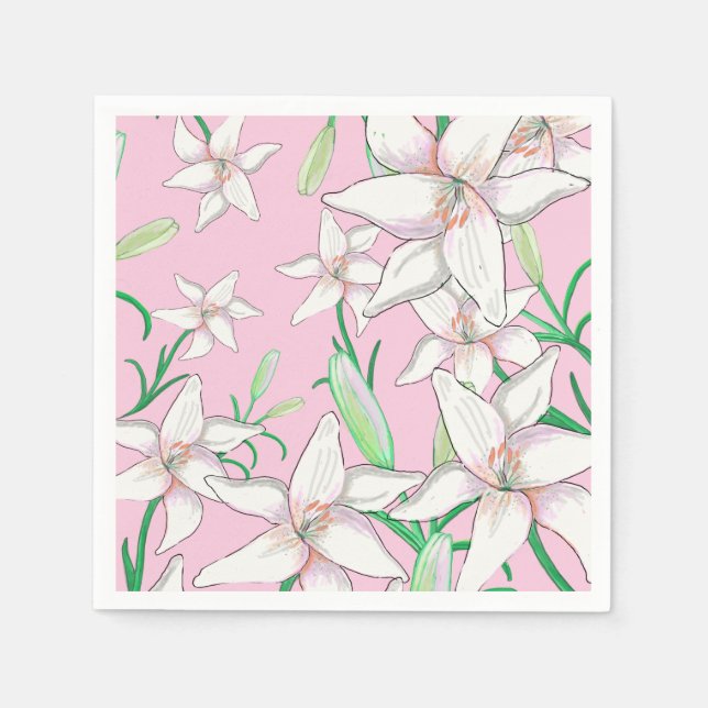 White Lillies on Pink Background Illustration  Napkins (Front)