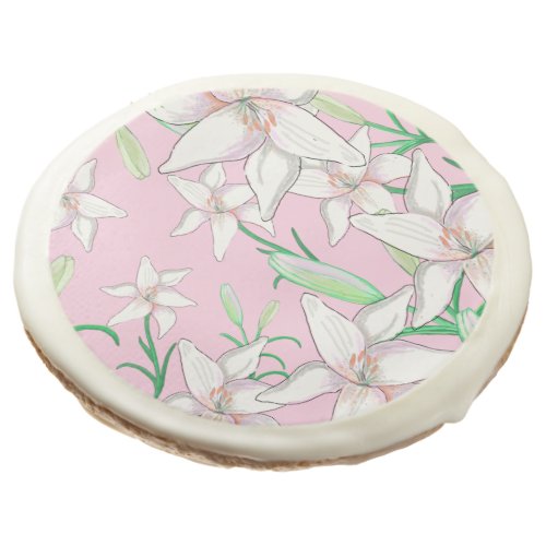 White Lillies on Pink Background Illustration   Sugar Cookie