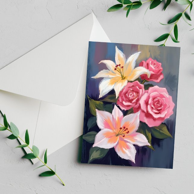 White Lillies Pink Rose Bouquet Watercolor Card (Creator Uploaded)