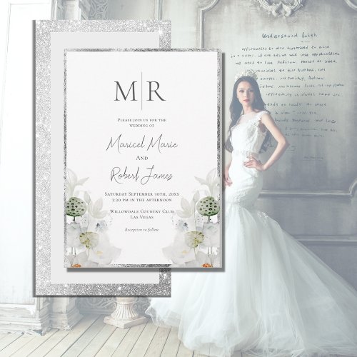 White Lilly Botanical Monogram Elegant Wedding Invitation