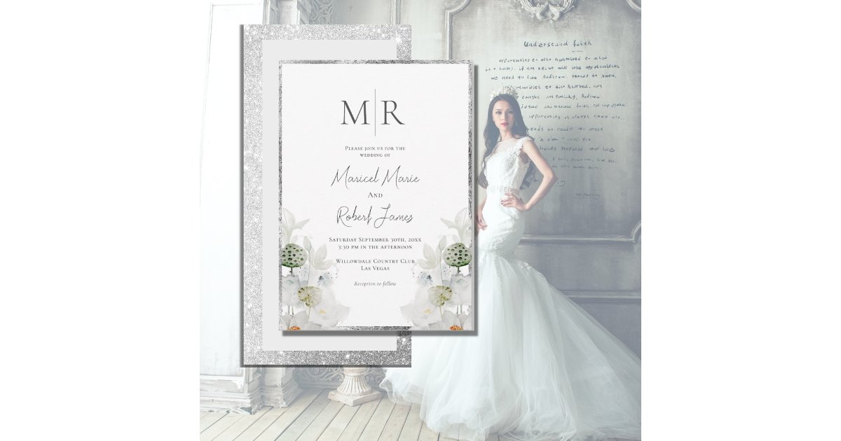 White Lilly Botanical Monogram Elegant Wedding Invitation | Zazzle