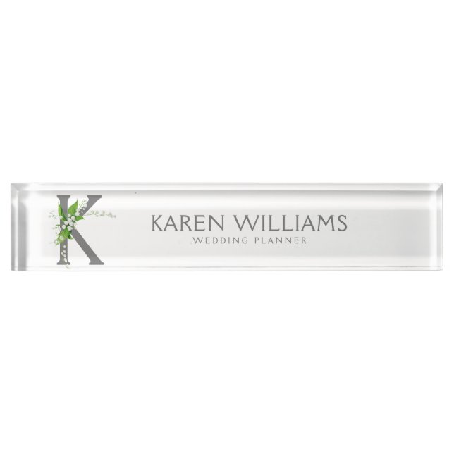 White Lilly Bouquet Floral Monogram Desk Name Plate (Front)