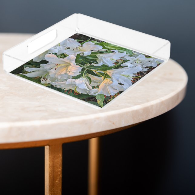 White Lily Blooms Floral Acrylic Tray (In Situ Angled)