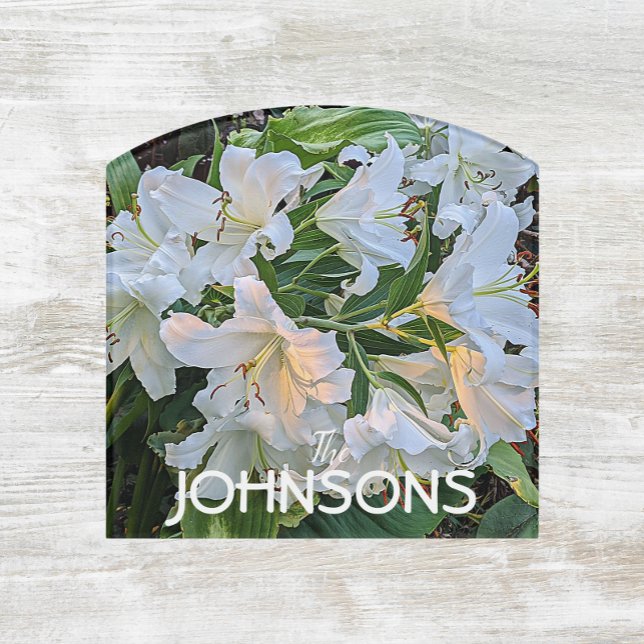 White Lily Blooms with Family Name Floral Door Sign (In Situ)