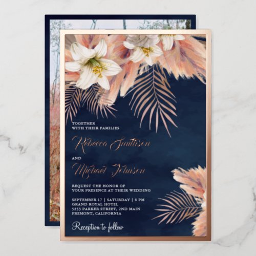 White Lily Boho Pampas Navy Blue Wedding Rose Gold Foil Invitation