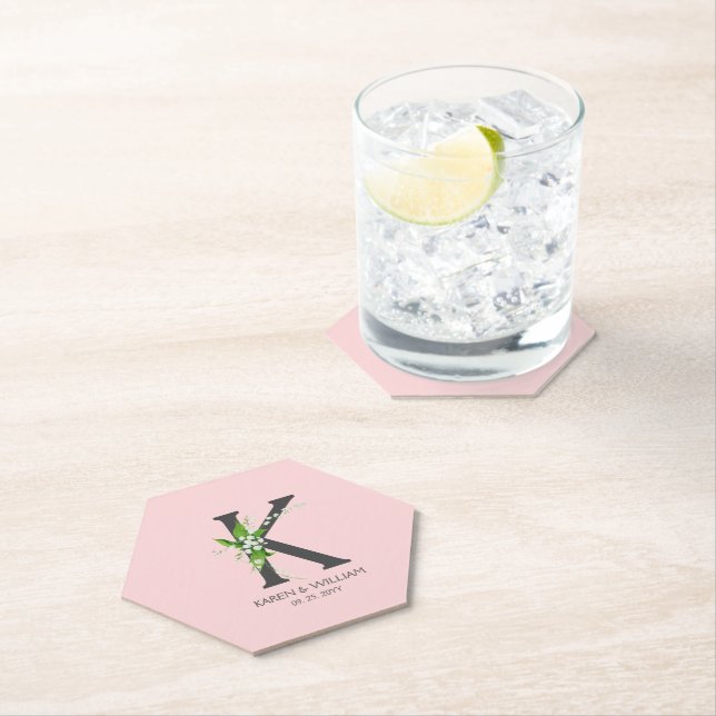 White lily bouquet floral monogram paper coaster (Insitu)