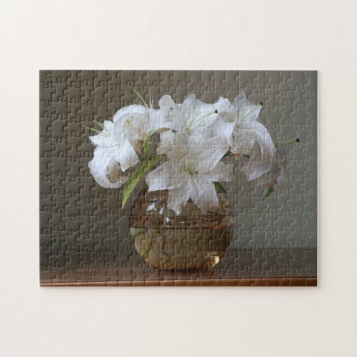 White Lily Bouquet  Glass Vase Brown Table Photo Jigsaw Puzzle