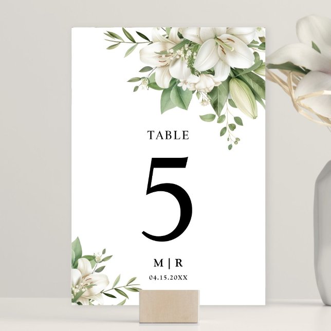 White Lily Elegant Watercolor Floral Wedding Table Number (Creator Uploaded)