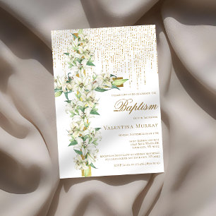 White Lily Floral Cross Faux Gold Glitter Baptism Invitation