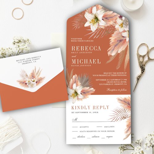 White Lily Floral Earthy Pampas Terracotta Wedding All In One Invitation