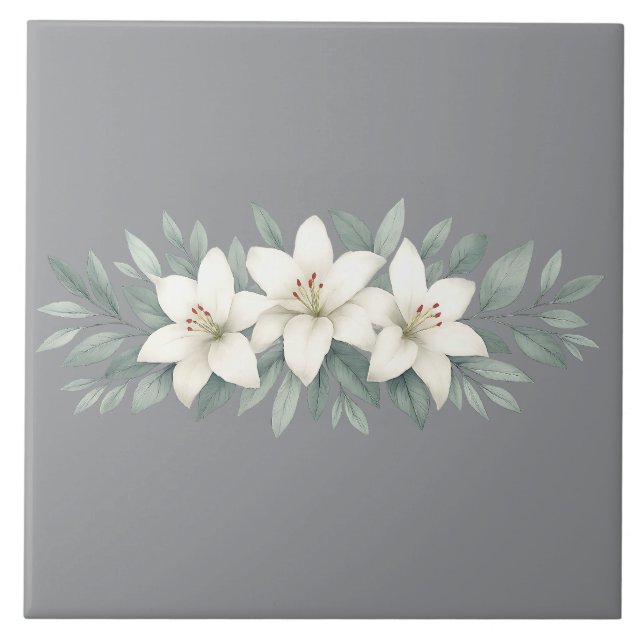 White Lily Floral Elegant Botanical Accent Ceramic Tile (Front)