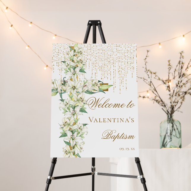 White Lily Floral Gold Cross Baptism Welcome Foam Board (In Situ (Stand))