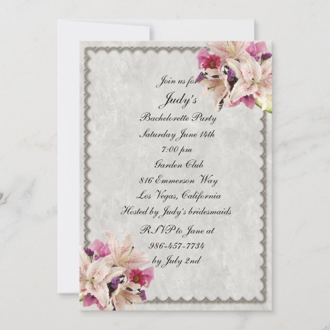 White Lily Floral Marble Bachelorette Party Invitation (Front)