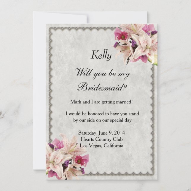 White Lily Floral Marble Wedding Bridesmaid Card (Front)