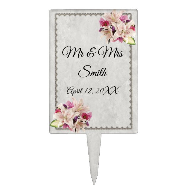 White Lily Floral Marble Wedding Cake Topper (Front)