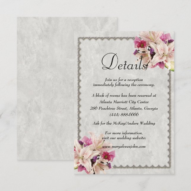 White Lily Floral Marble Wedding Details Enclosure Card (Front/Back)