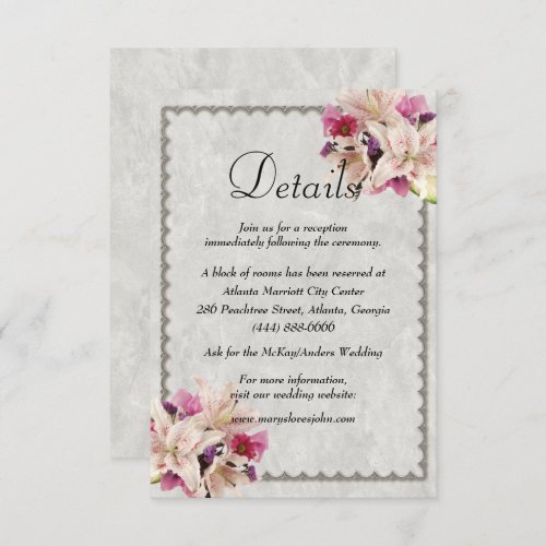 White Lily Floral Marble Wedding Details Enclosure Card