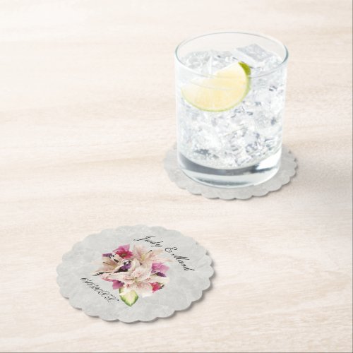 White Lily Floral Marble Wedding Paper Coasters