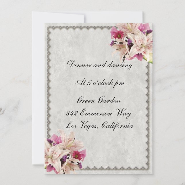 White Lily Floral Marble Wedding Reception Card (Front)