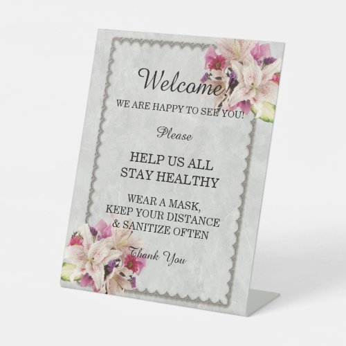 White Lily Floral Marble Wedding Safety  Pedestal Sign