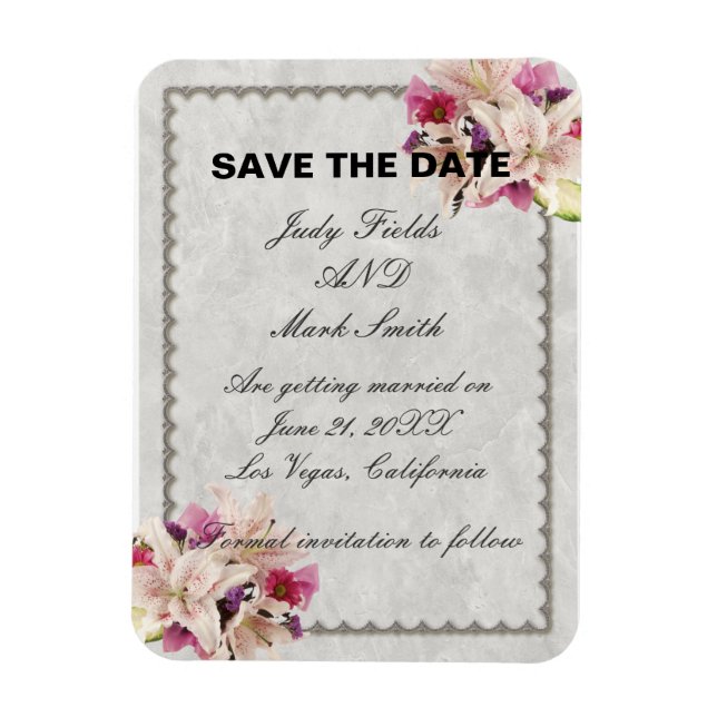 White Lily Floral Marble Wedding Save The Date Magnet (Vertical)
