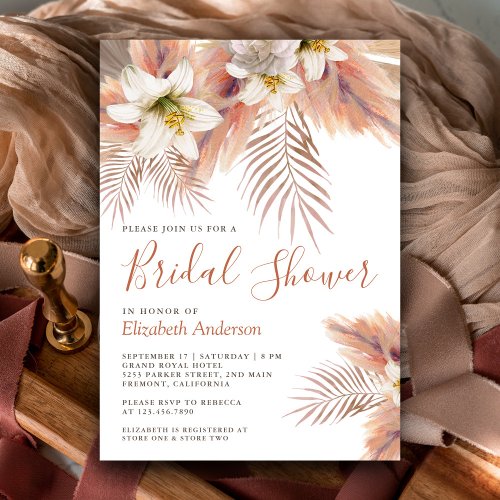 White Lily Floral Palm Earthy Pampas Bridal Shower Invitation