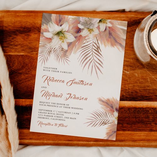 White Lily Floral Palm Earthy Pampas Wedding Invitation