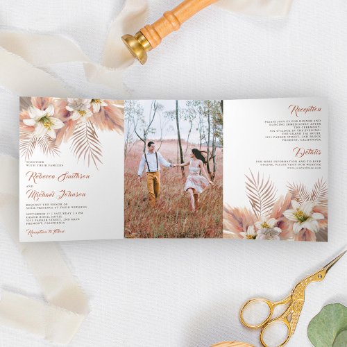 White Lily Floral Palm Earthy Pampas Wedding Tri_Fold Invitation