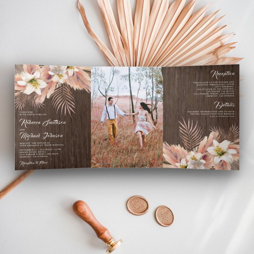 White Lily Floral Palm Earthy Pampas Wood Wedding Tri_Fold Invitation