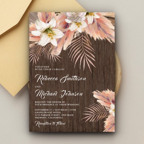 White Lily Floral Palm Pampas Barn Wood Wedding Invitation