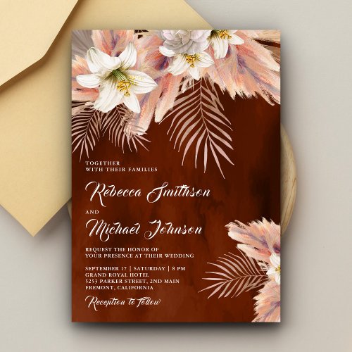 White Lily Floral Palm Pampas Burnt Orange Wedding Invitation