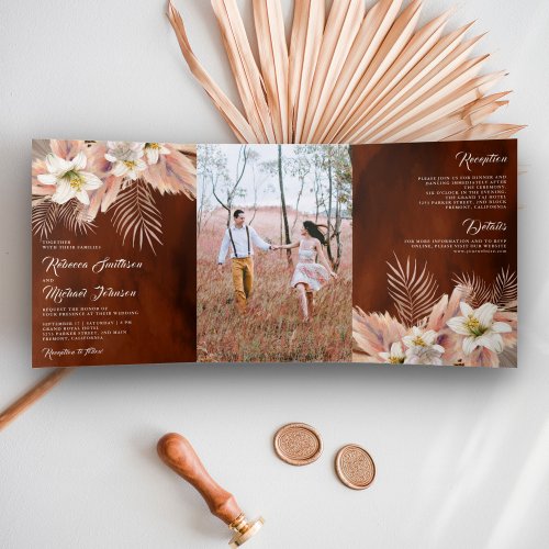 White Lily Floral Palm Pampas Burnt Orange Wedding Tri_Fold Invitation