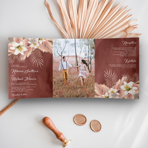 White Lily Floral Palm Pampas Cinnamon Wedding Tri_Fold Invitation