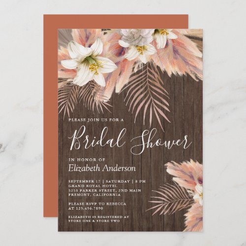 White Lily Floral Palm Pampas Wood Bridal Shower Invitation