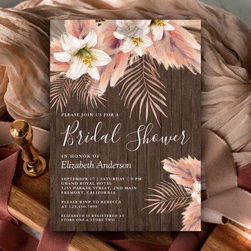 White Lily Floral Palm Pampas Wood Bridal Shower Invitation