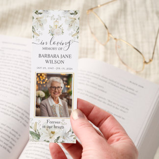 White Lily Floral Photo Funeral Memorial Bookmark