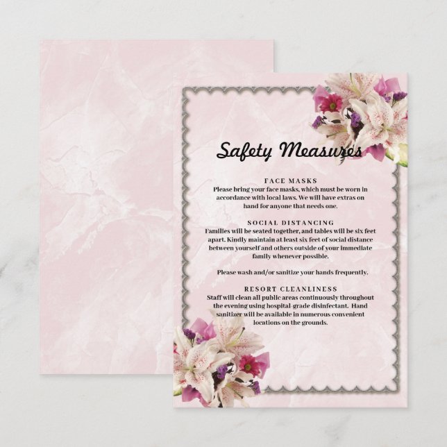 White Lily Floral Pink Marble Safety Measures Enclosure Card (Front/Back)
