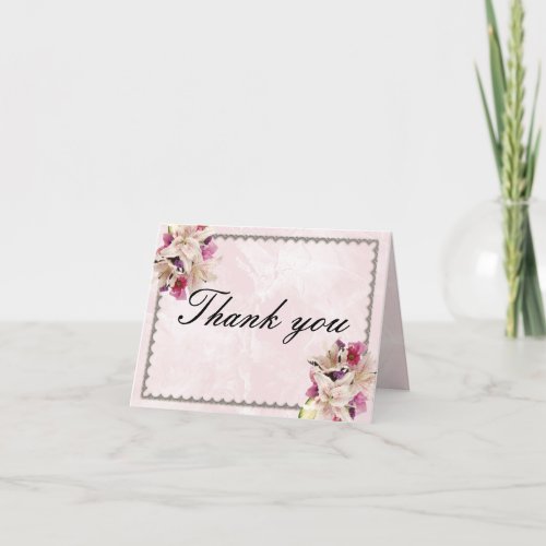 White Lily Floral Pink Marble Thank You Card