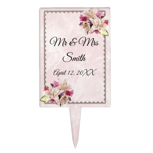 White Lily Floral Pink Marble Wedding Cake Topper (Front)