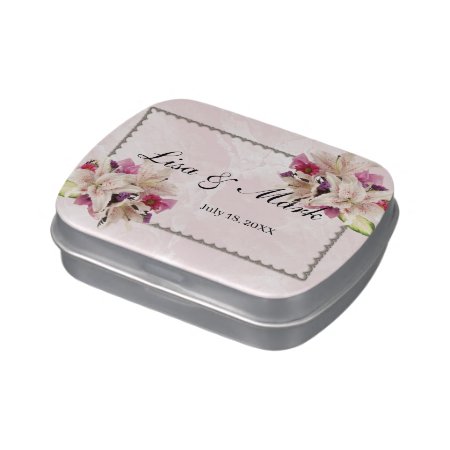 White Lily Floral Pink Marble Wedding Candy Tin