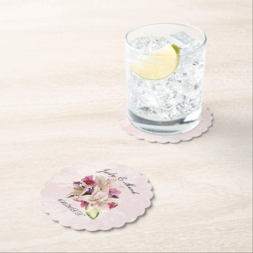 White Lily Floral Pink Marble Wedding Paper Coaster