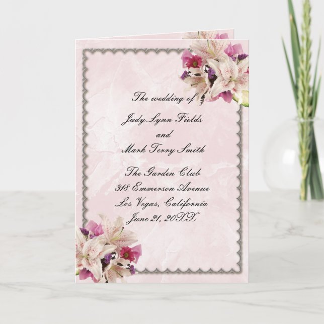 White Lily Floral Pink Marble Wedding Program Card (Front)