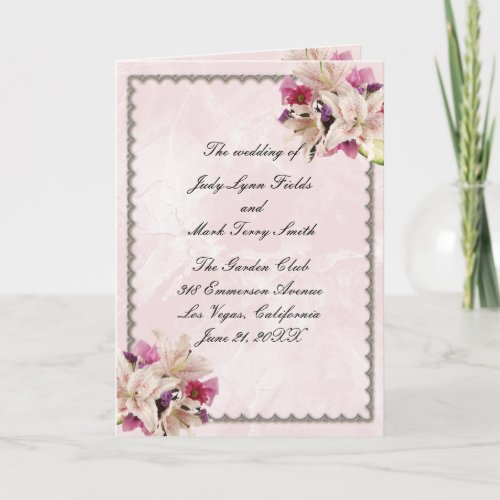 White Lily Floral Pink Marble Wedding Program Card